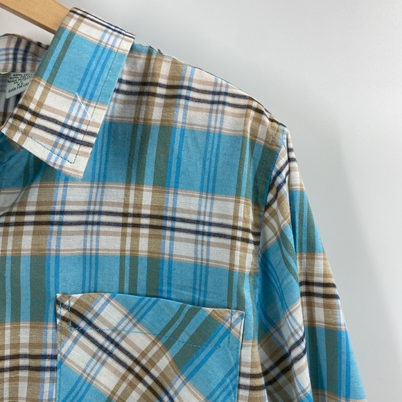 Collections etc cotton blend button down turquoise tan plaid shirt - Picture 6 of 10